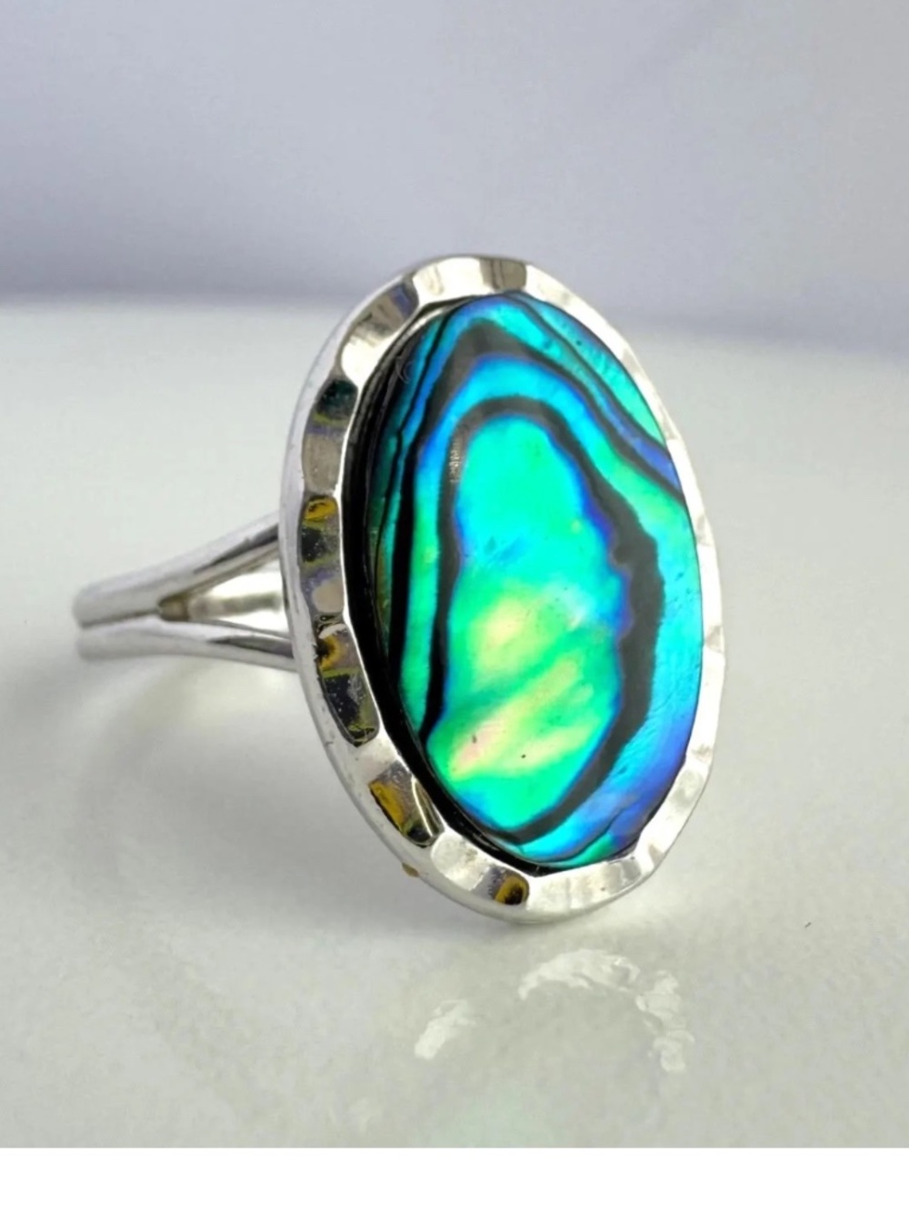 Vintage Abalone Shell Adjustable Ring Silver Tone Oval Statement Ring Size 5.75